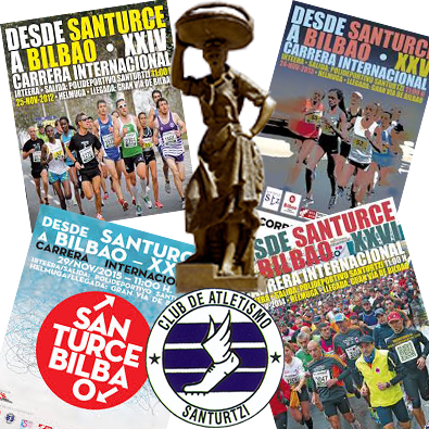 Cartel formado por cuatro carteles de la carrera, una sardinera y el escudo del Club